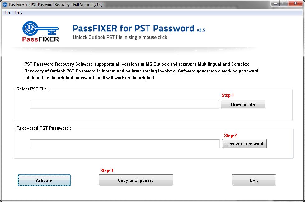 Start up screen of PST Password Recovery