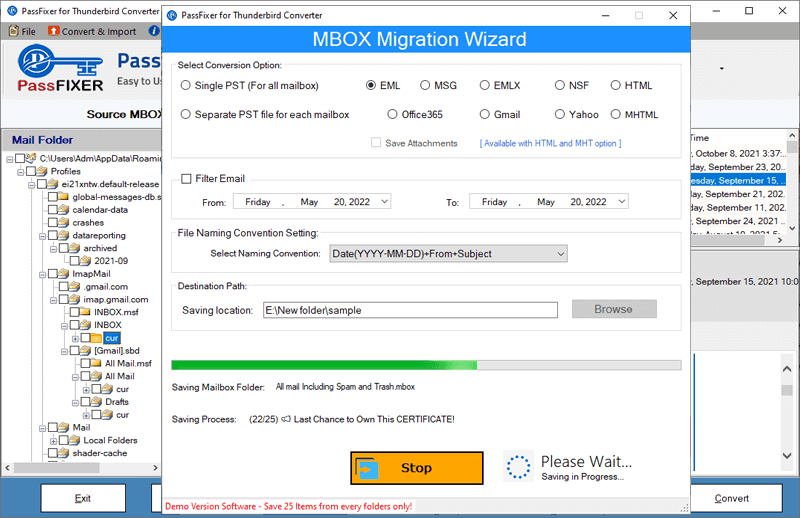 save thunderbird emails to eml, msg, html, mhtml, emlx, msg, nsf