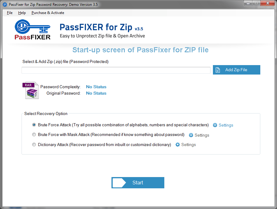 start up screen of ZIP password recovery